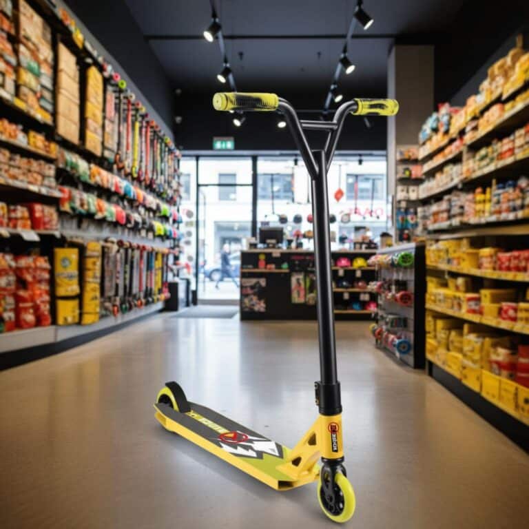קורקינט פעלולים צהוב עם כידון שחור בחנות ציוד רכיבה | 3in100